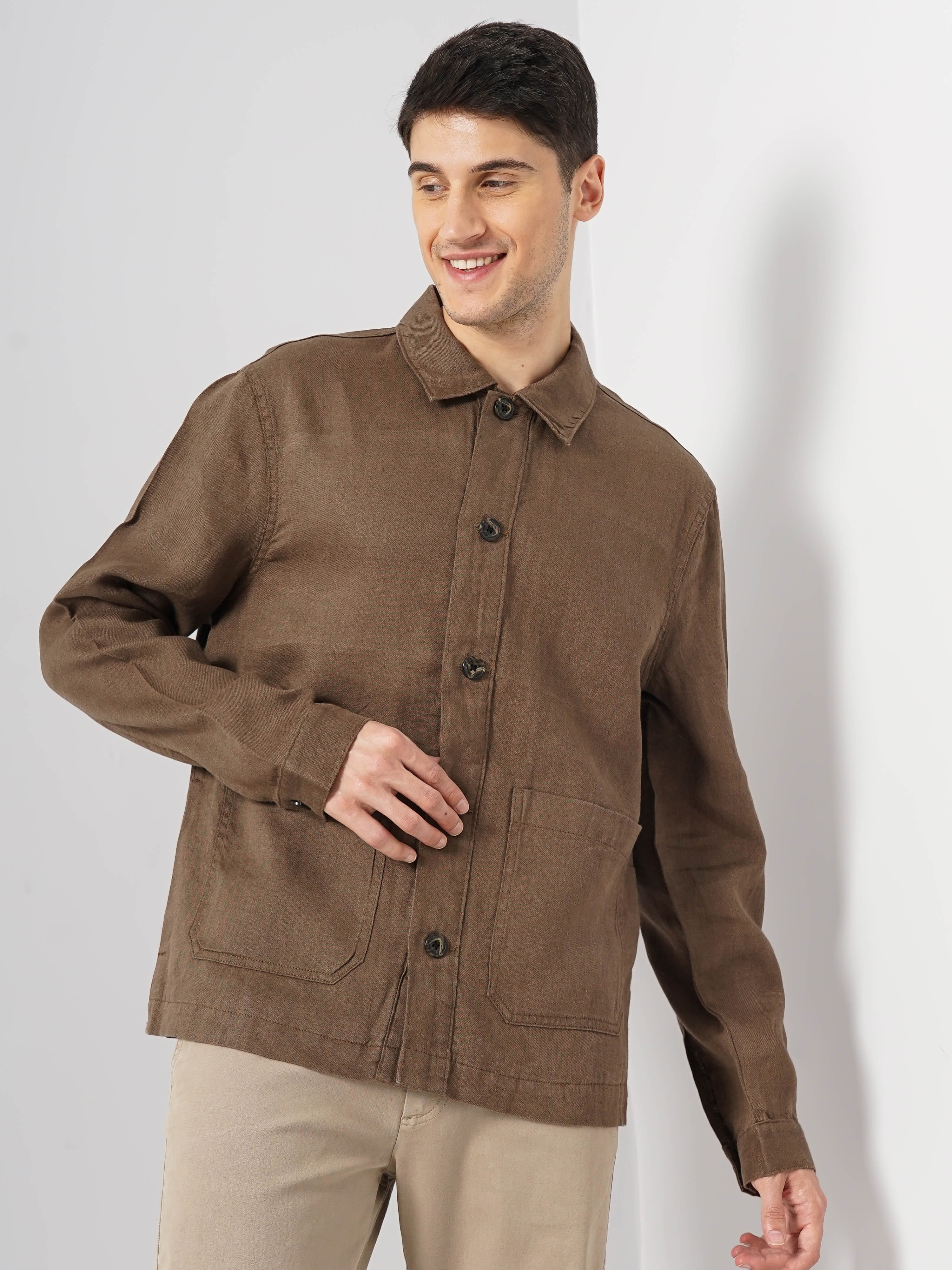 celio | Celio Men Brown Solid Regular Linen Casual Jackets