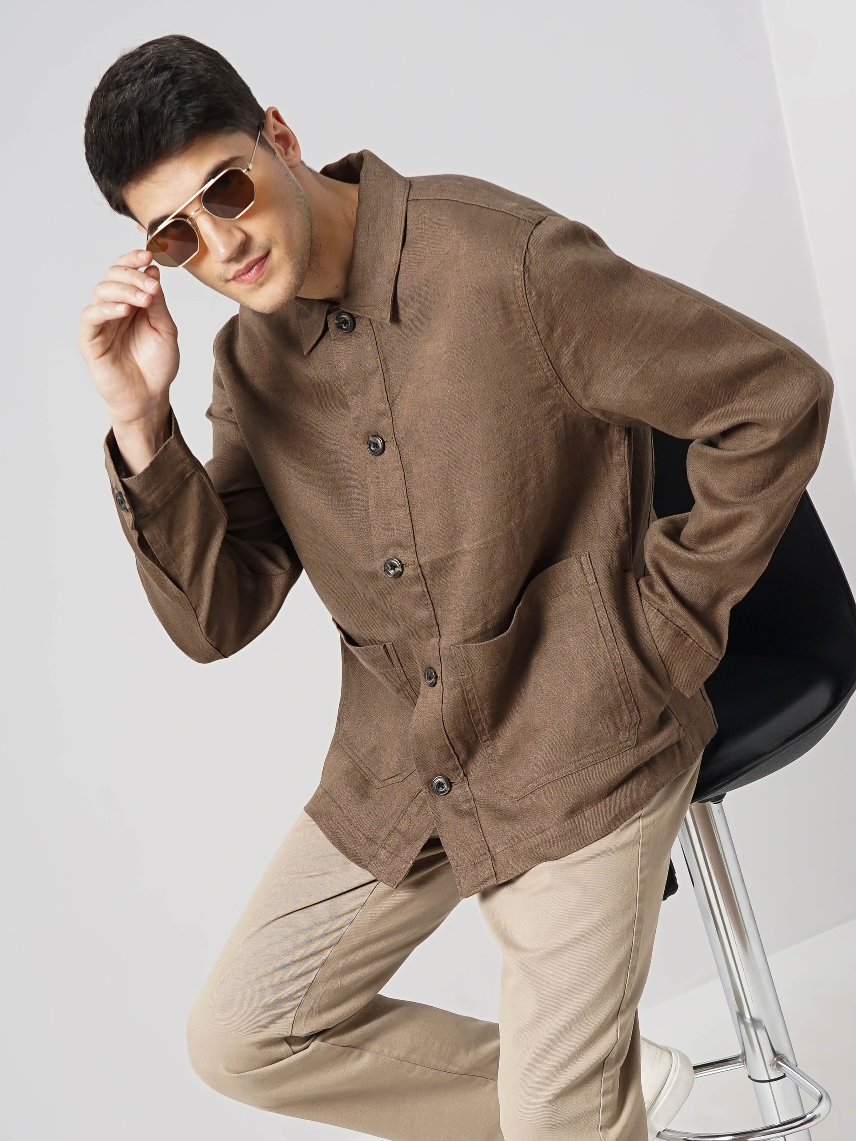 Celio Men Brown Solid Regular Linen Casual Jackets