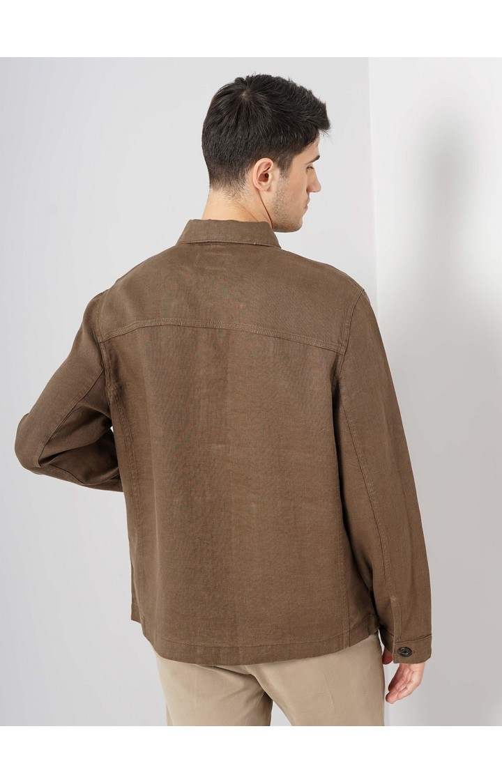 Celio Men Brown Solid Regular Linen Casual Jackets