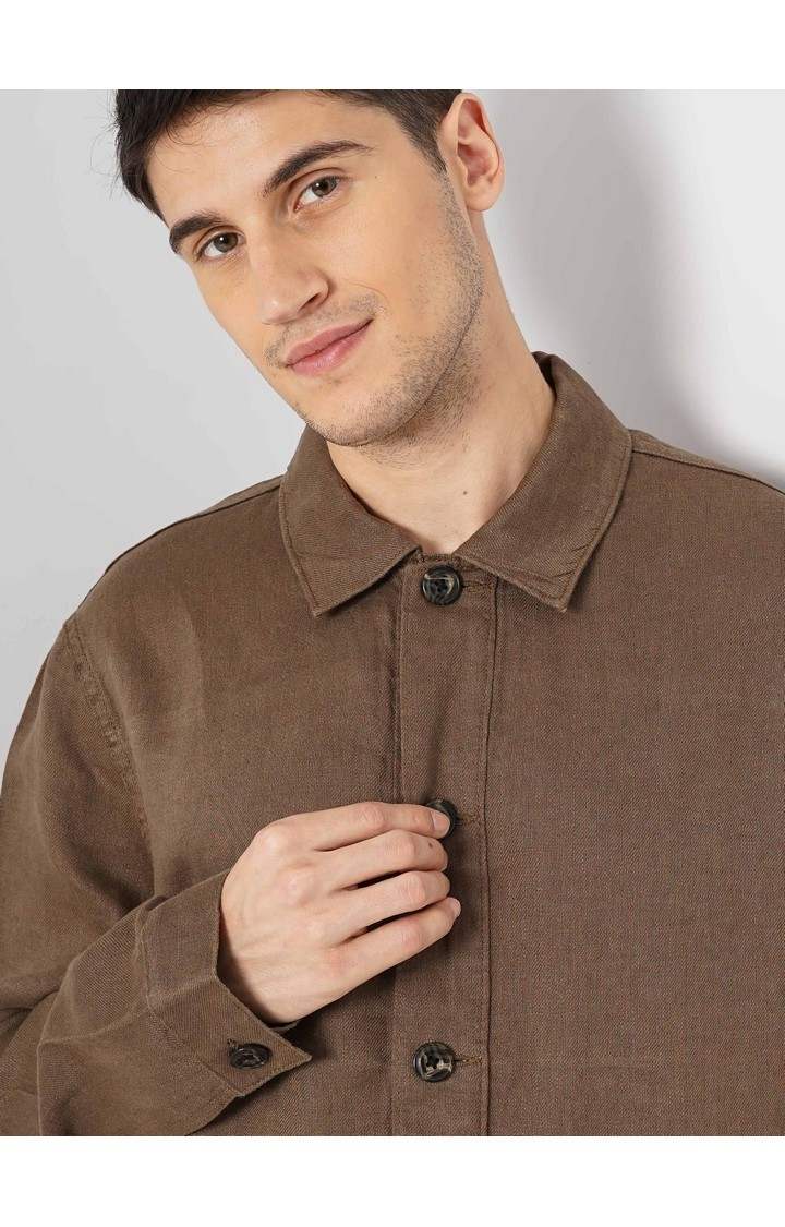 Celio Men Brown Solid Regular Linen Casual Jackets