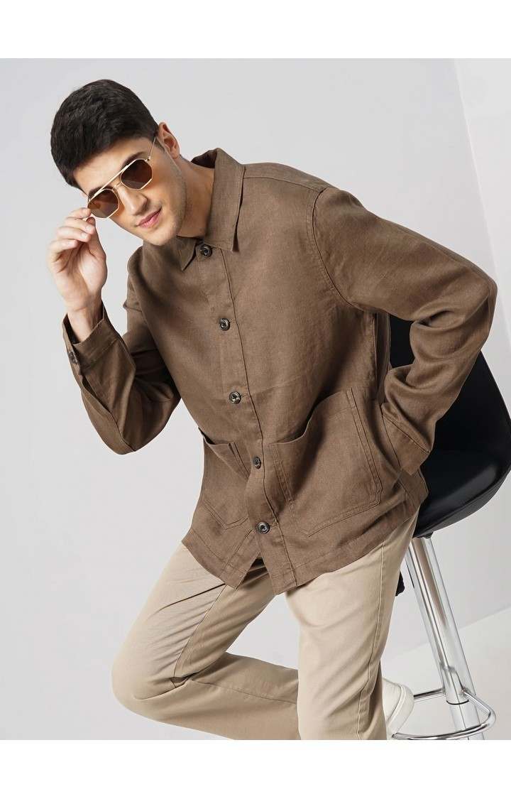 Celio Men Brown Solid Regular Linen Casual Jackets