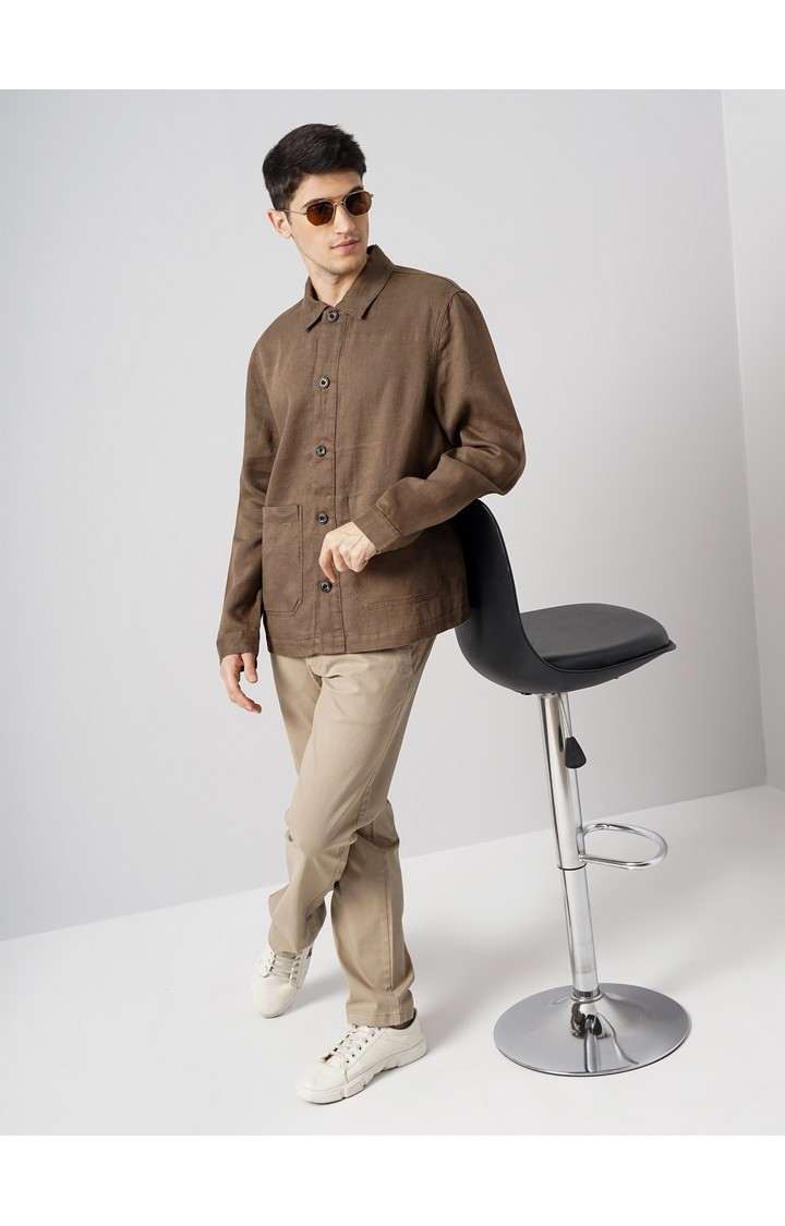 Celio Men Brown Solid Regular Linen Casual Jackets