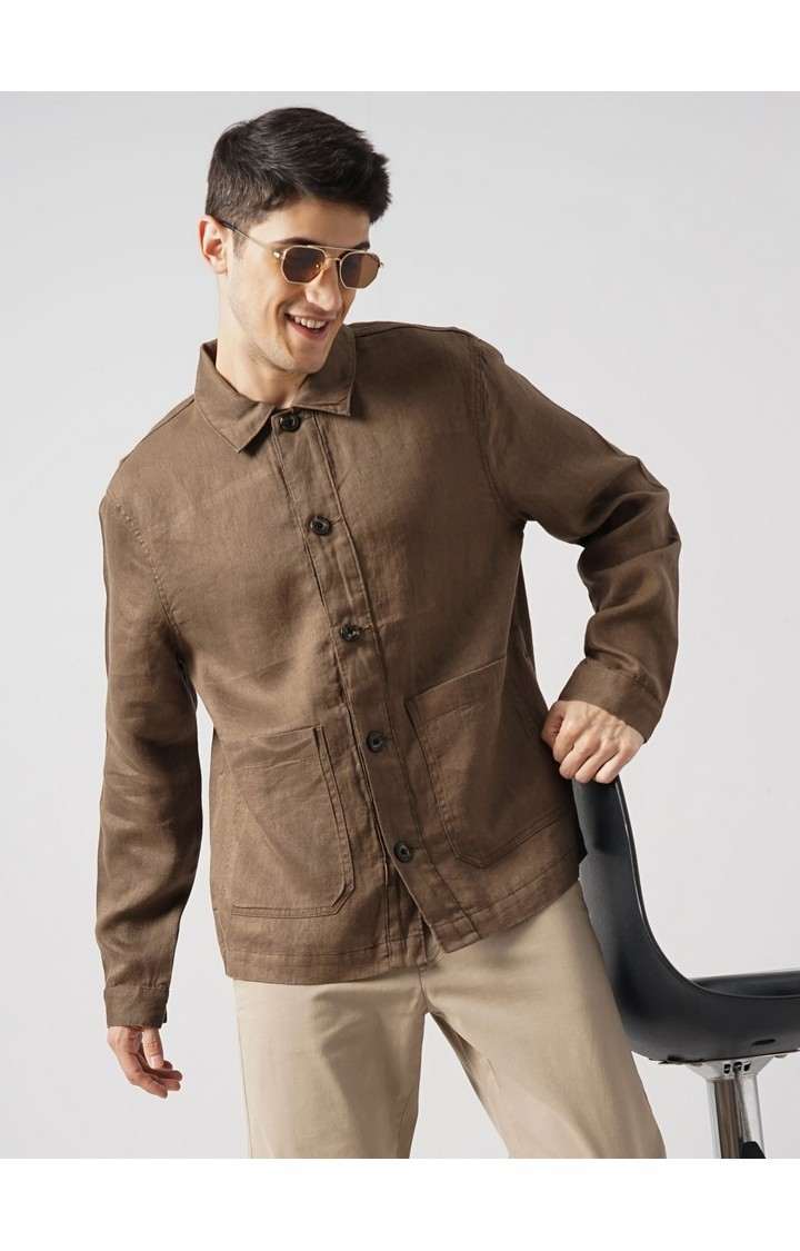 Celio Men Brown Solid Regular Linen Casual Jackets