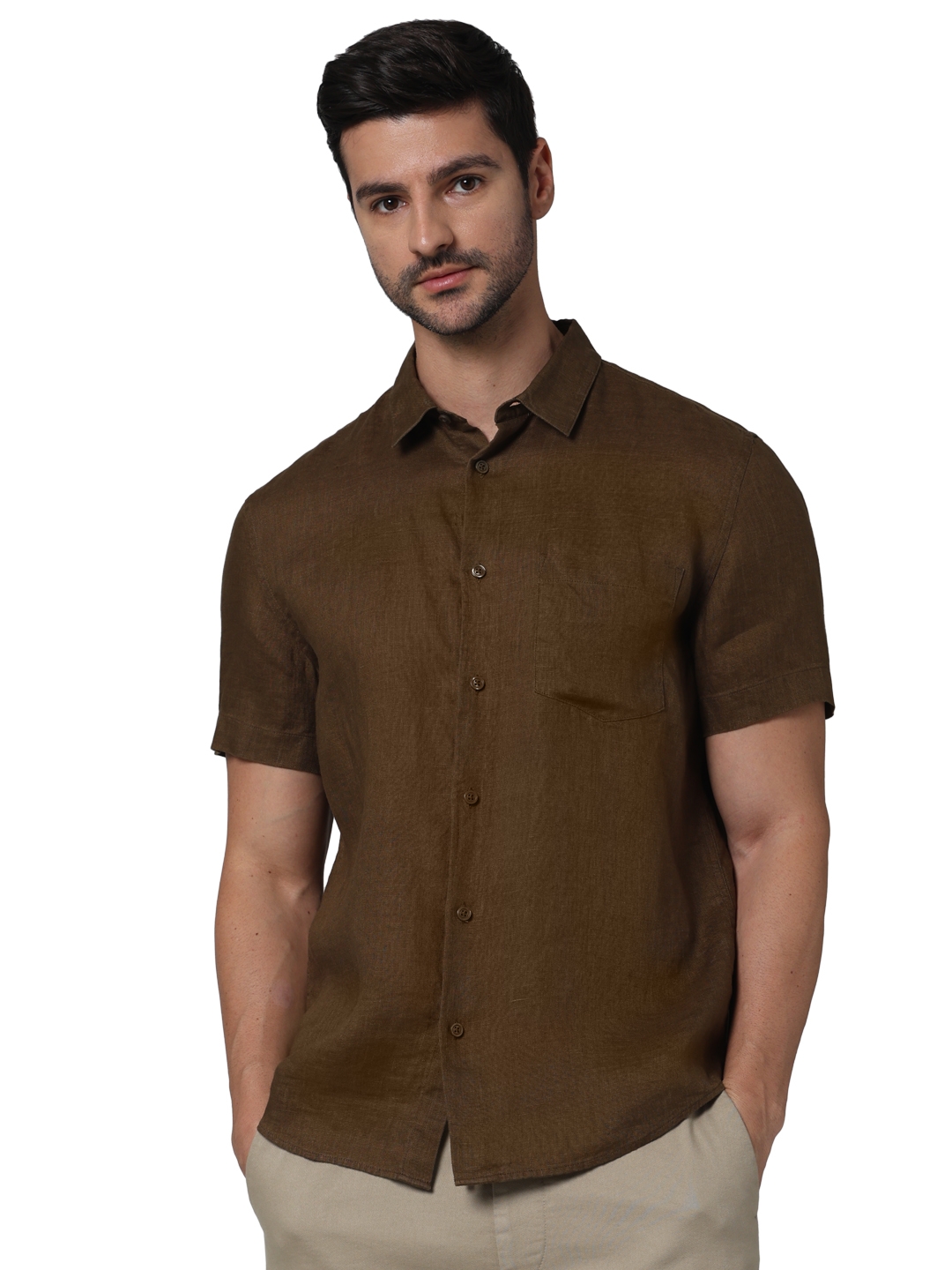 celio | Celio Men Brown Solid Regular Fit Linen Casual Shirt