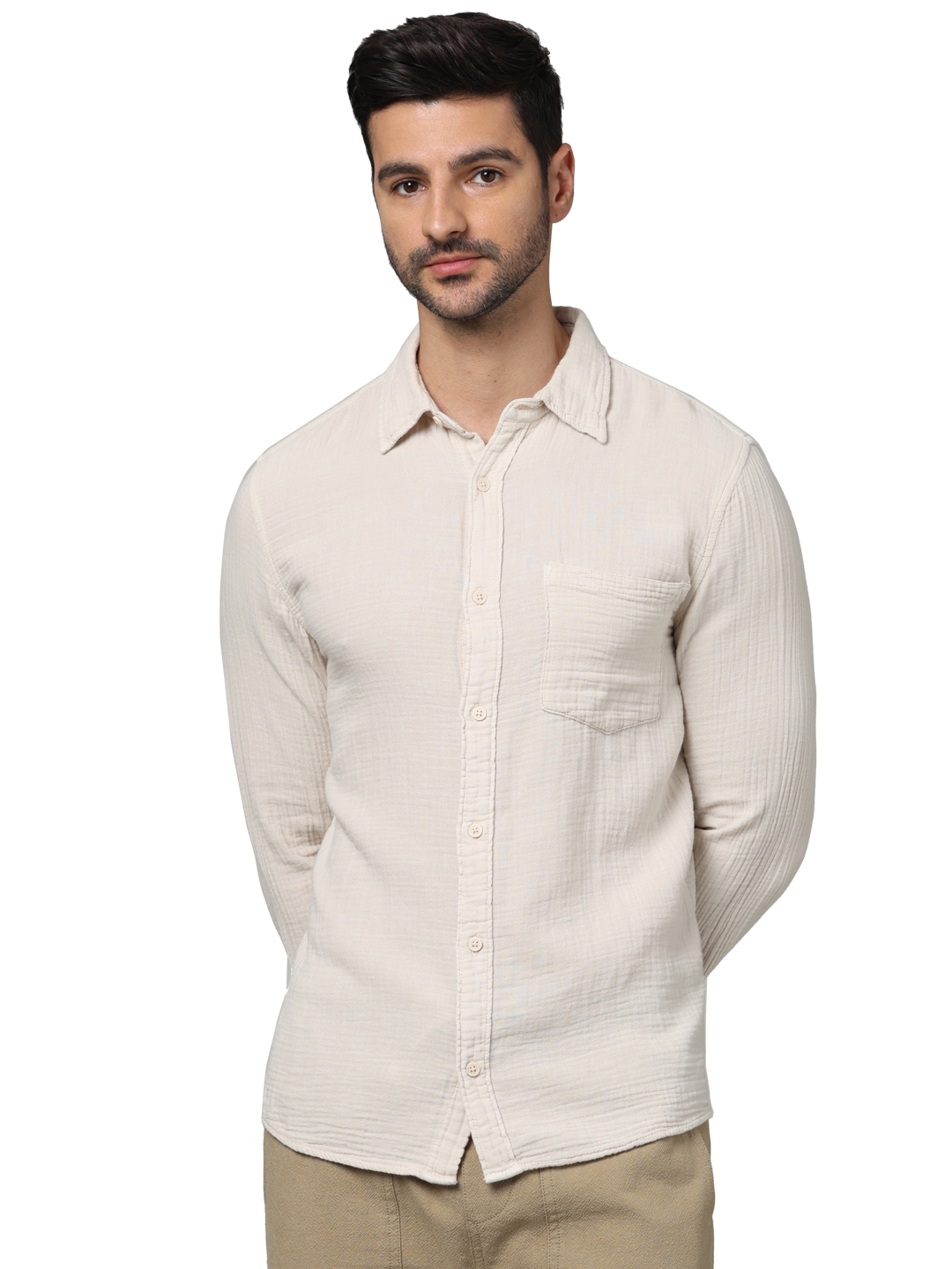 celio | Celio Men Beige Solid Regular Fit Cotton Double Cloth Casual Shirts