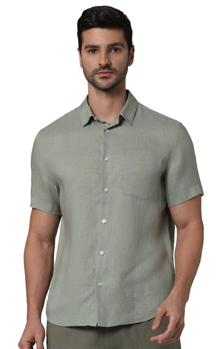 Celio Men Green Solid Regular Fit Linen Casual Shirt