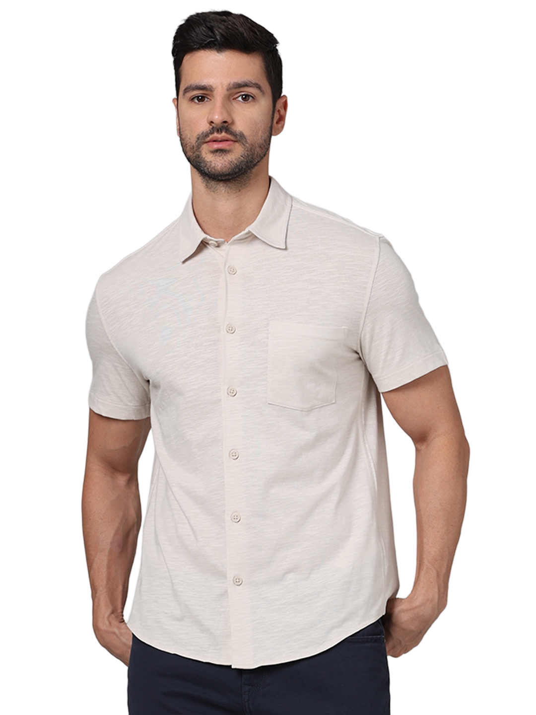 Celio Men Beige Solid Regular Fit Cotton Knit Casual Shirt