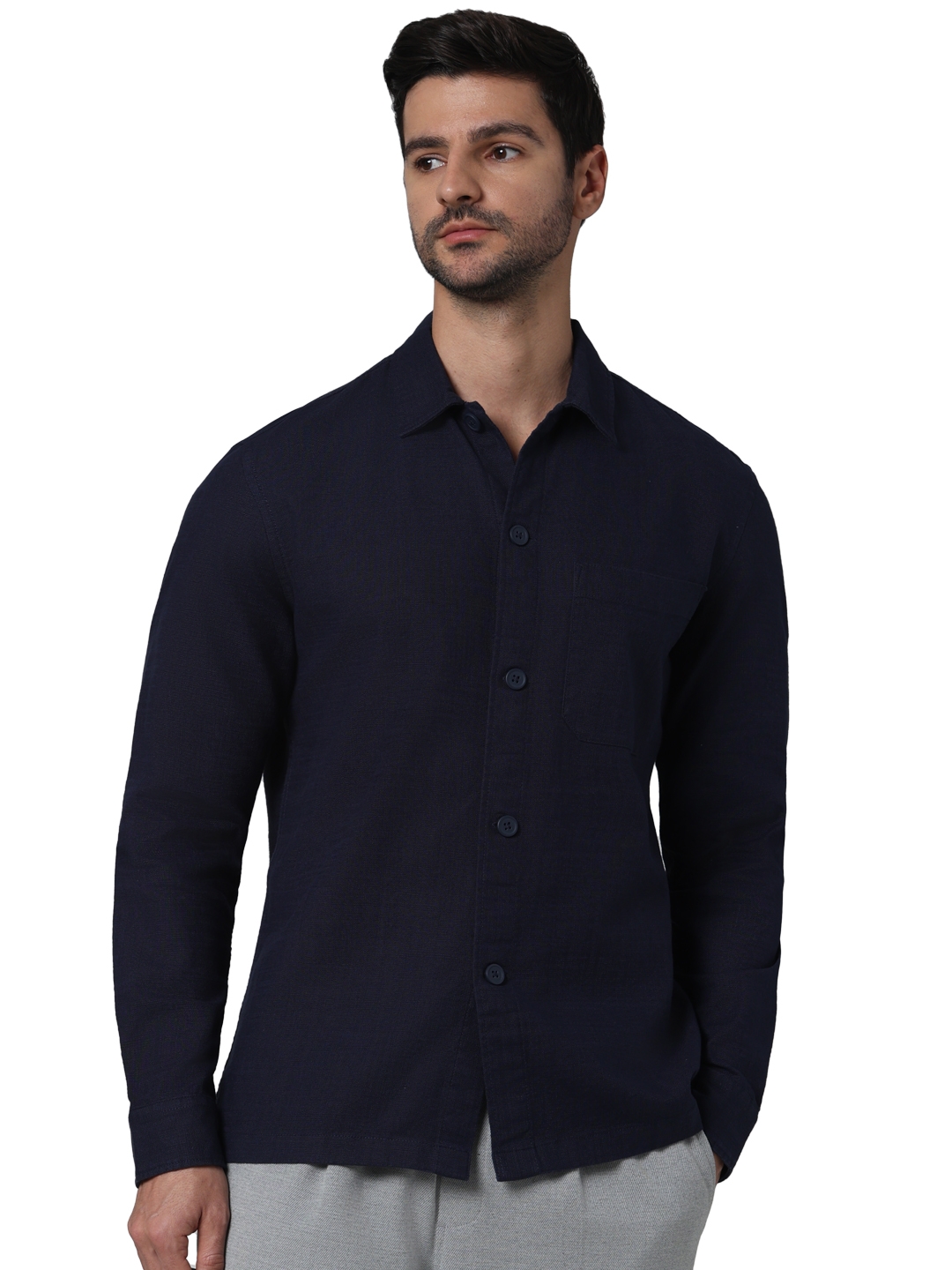celio | Celio Men Navy Blue Solid Oversized Cotton French Collar Casual Shirt