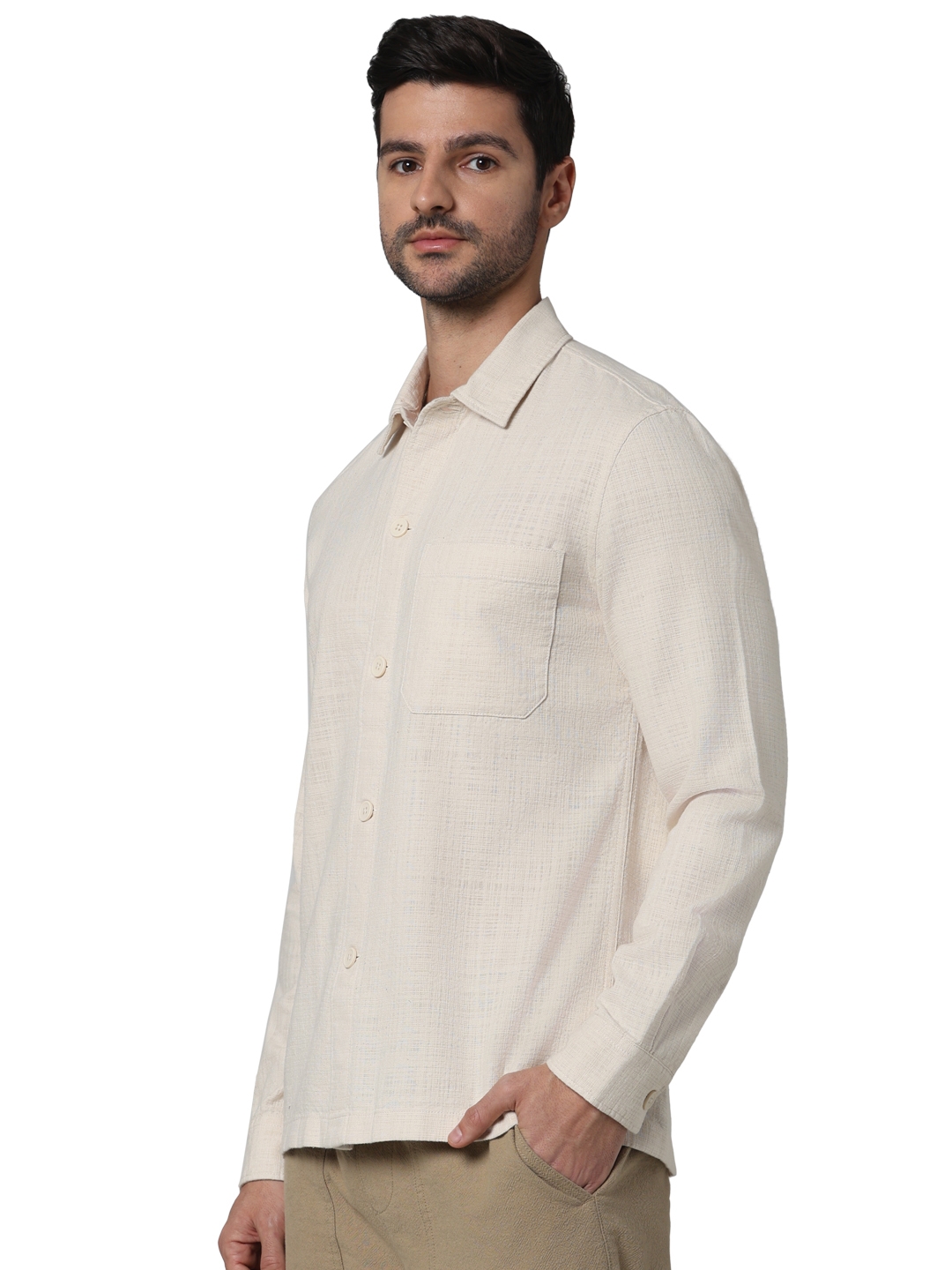 Celio Men Off White Solid Oversized Cotton French Collar Casual Shirt