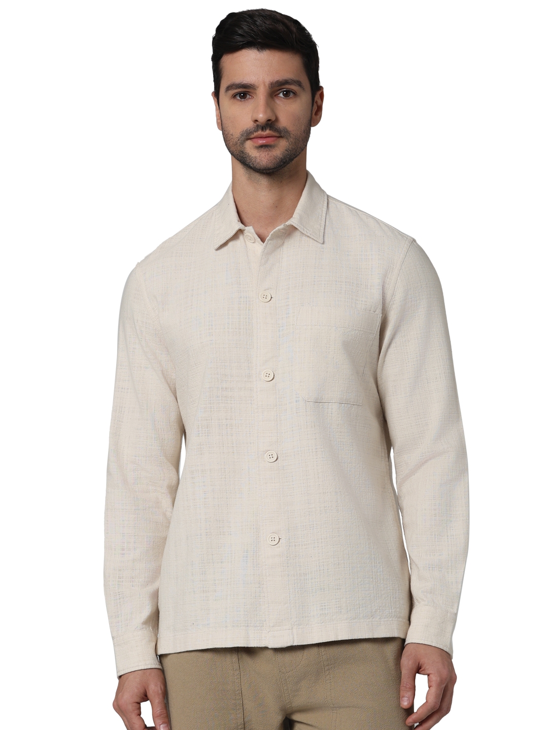 Celio Men Off White Solid Oversized Cotton French Collar Casual Shirt
