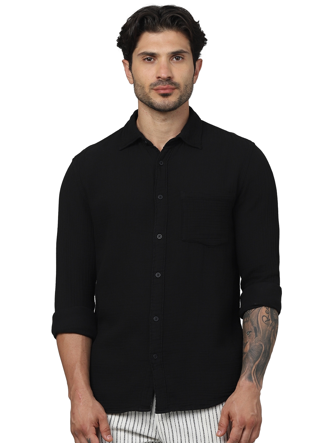 Celio Men Black Solid Regular Fit Cotton Double Cloth Casual Shirts