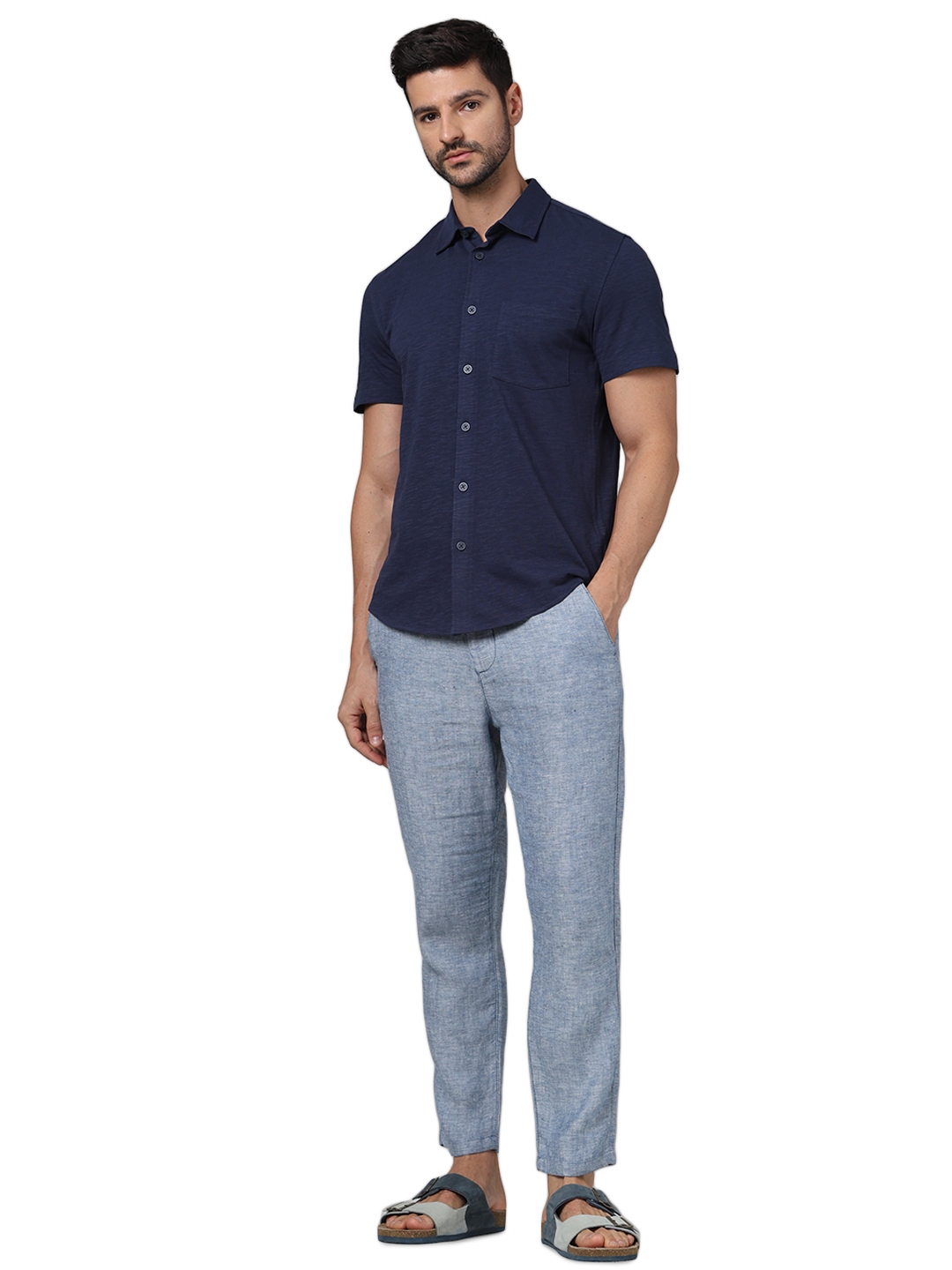 Celio Men Navy Blue Solid Regular Fit Cotton Knit Casual Shirt