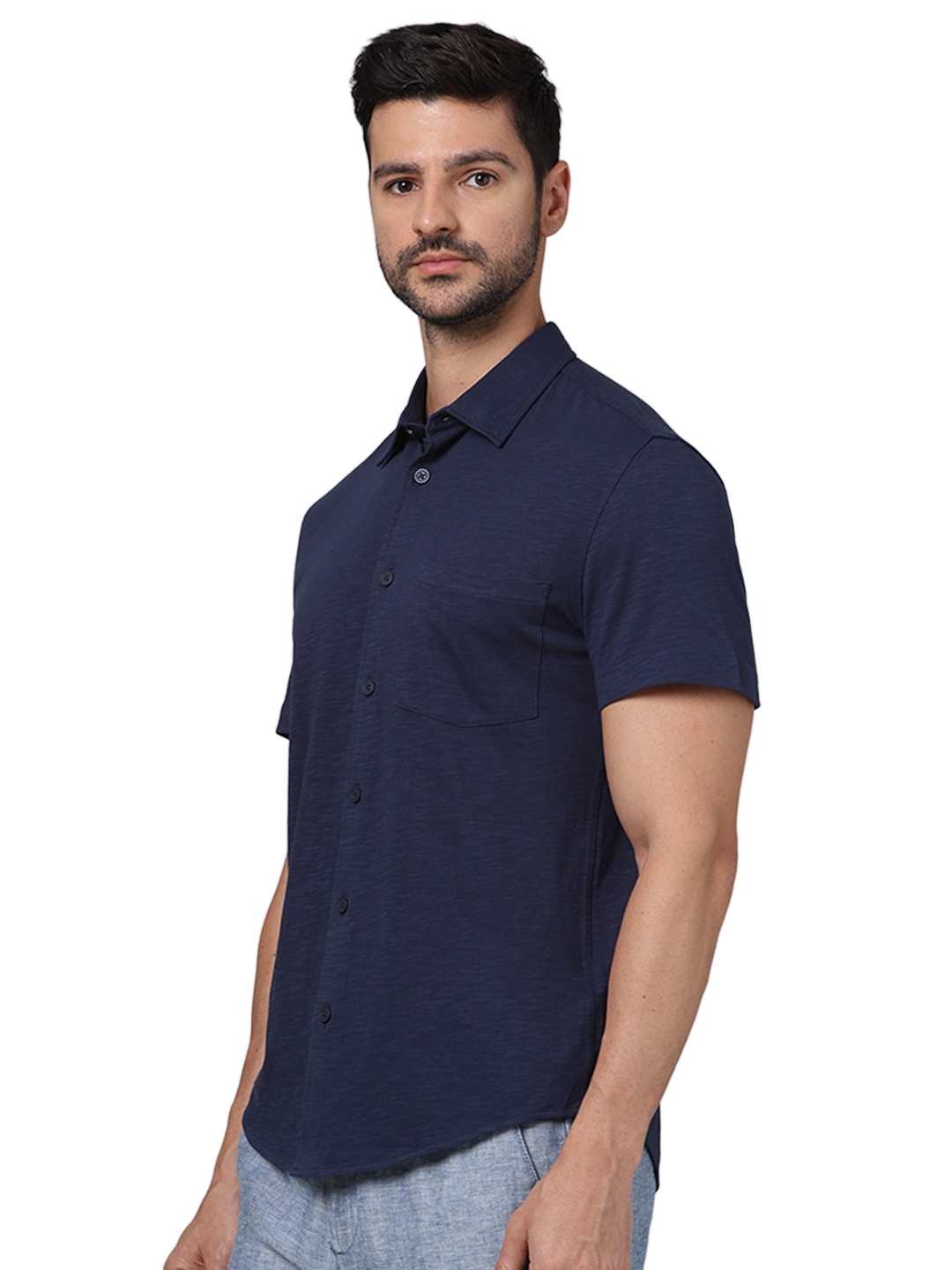Celio Men Navy Blue Solid Regular Fit Cotton Knit Casual Shirt