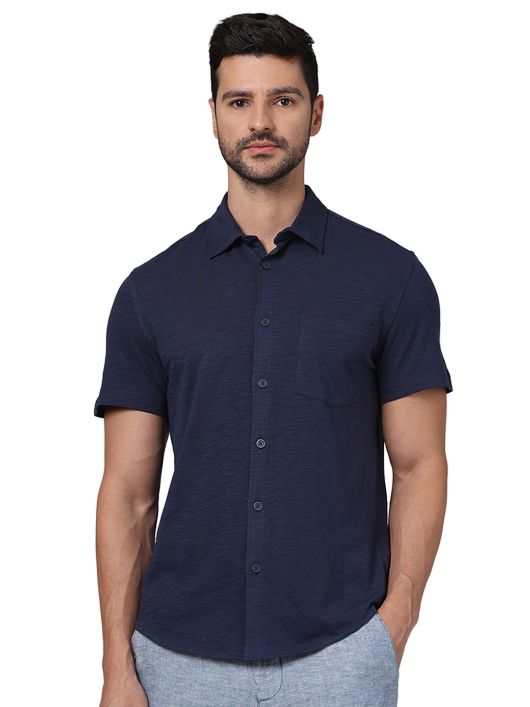 celio | Celio Men Navy Blue Solid Regular Fit Cotton Knit Casual Shirt