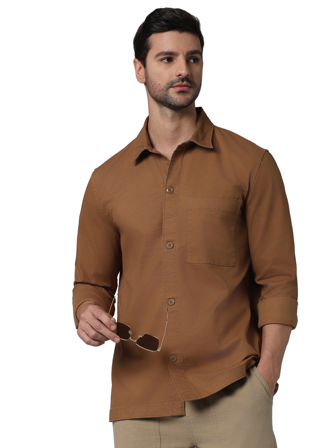 celio | Celio Men Brown Solid Oversized Cotton French Collar Casual Shirt