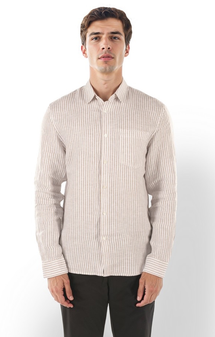 Celio Men Brown Striped Regular Fit Linen Casual Shirts