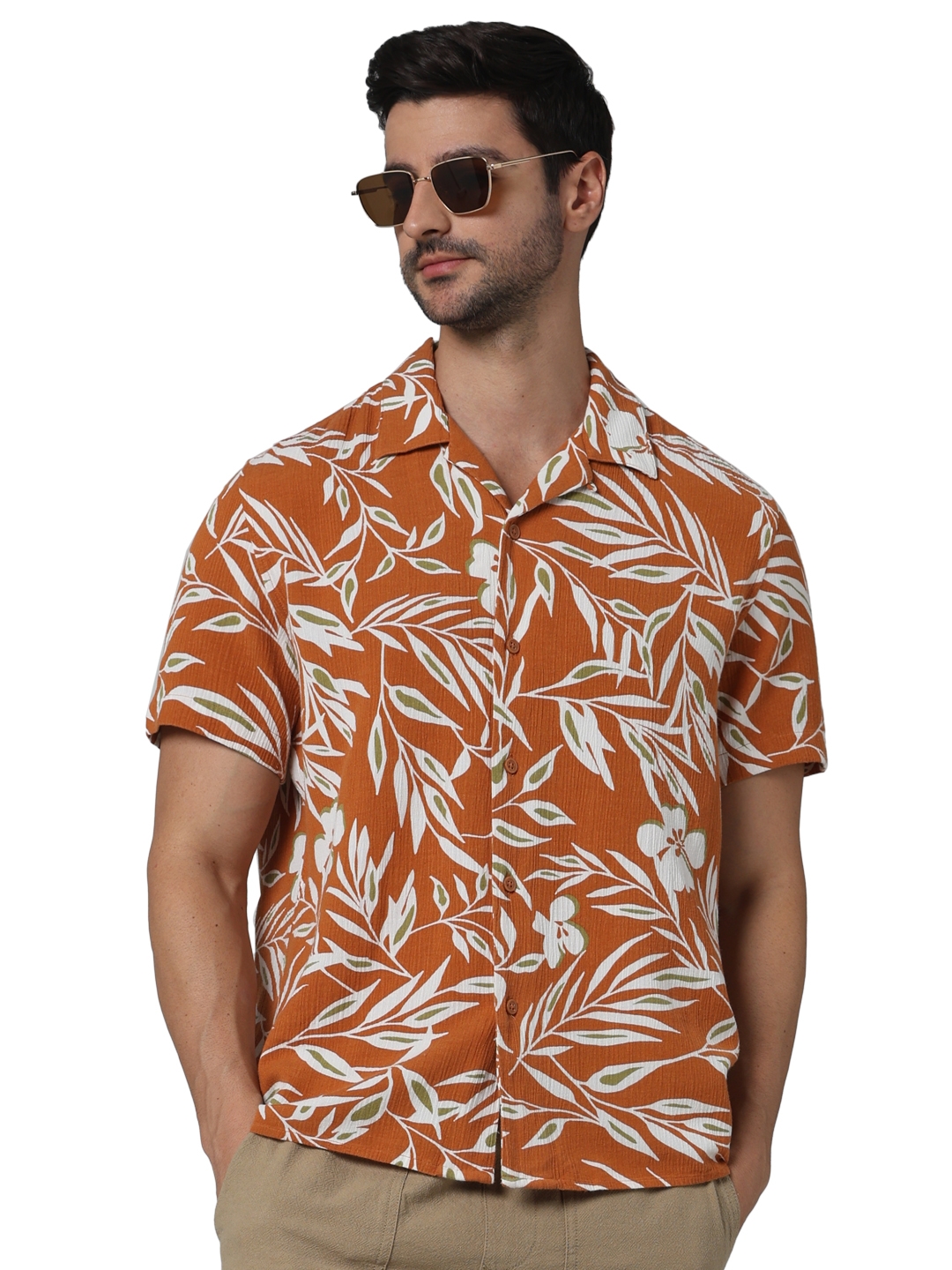Celio Men Orange Printed Regular Fit Viscose Rayon Soft Touch Casual Shirt
