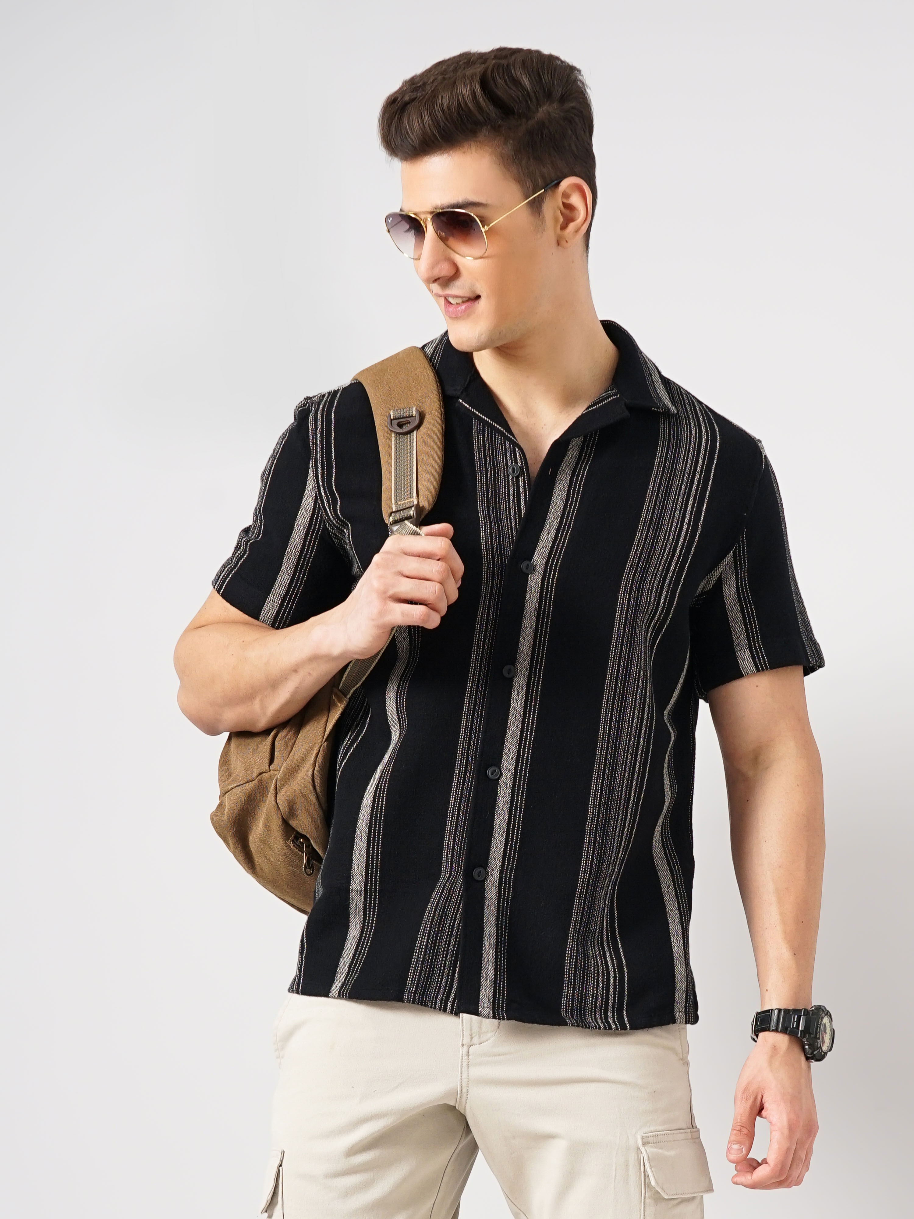 celio | Celio Men Black Striped Regular Fit Cotton Shirt