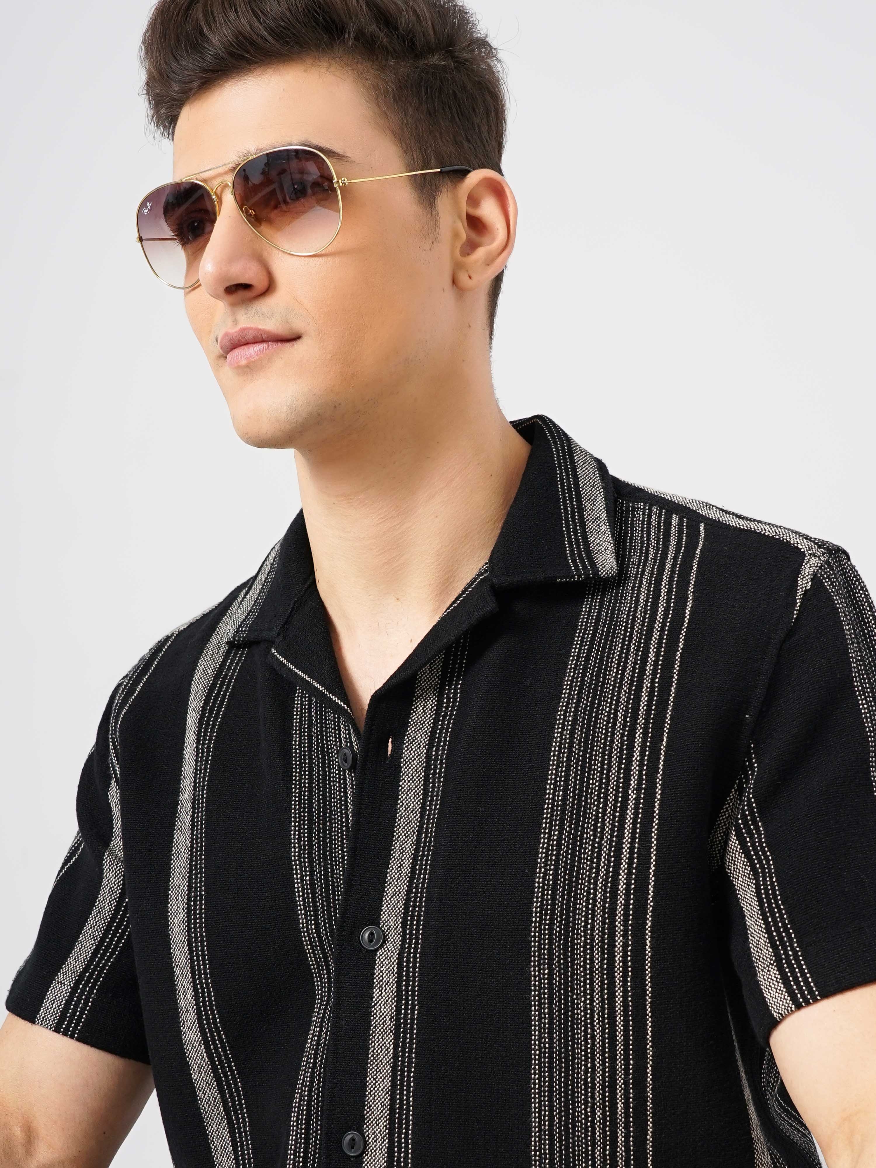 Celio Men Black Striped Regular Fit Cotton Shirt