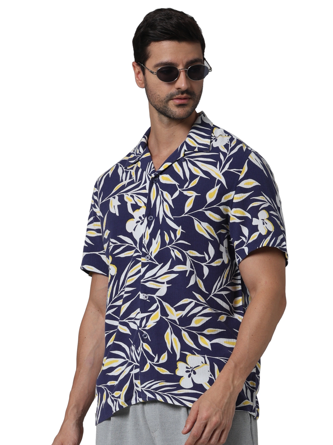 celio | Celio Men Navy Blue Printed Regular Fit Viscose Rayon Soft Touch Casual Shirt