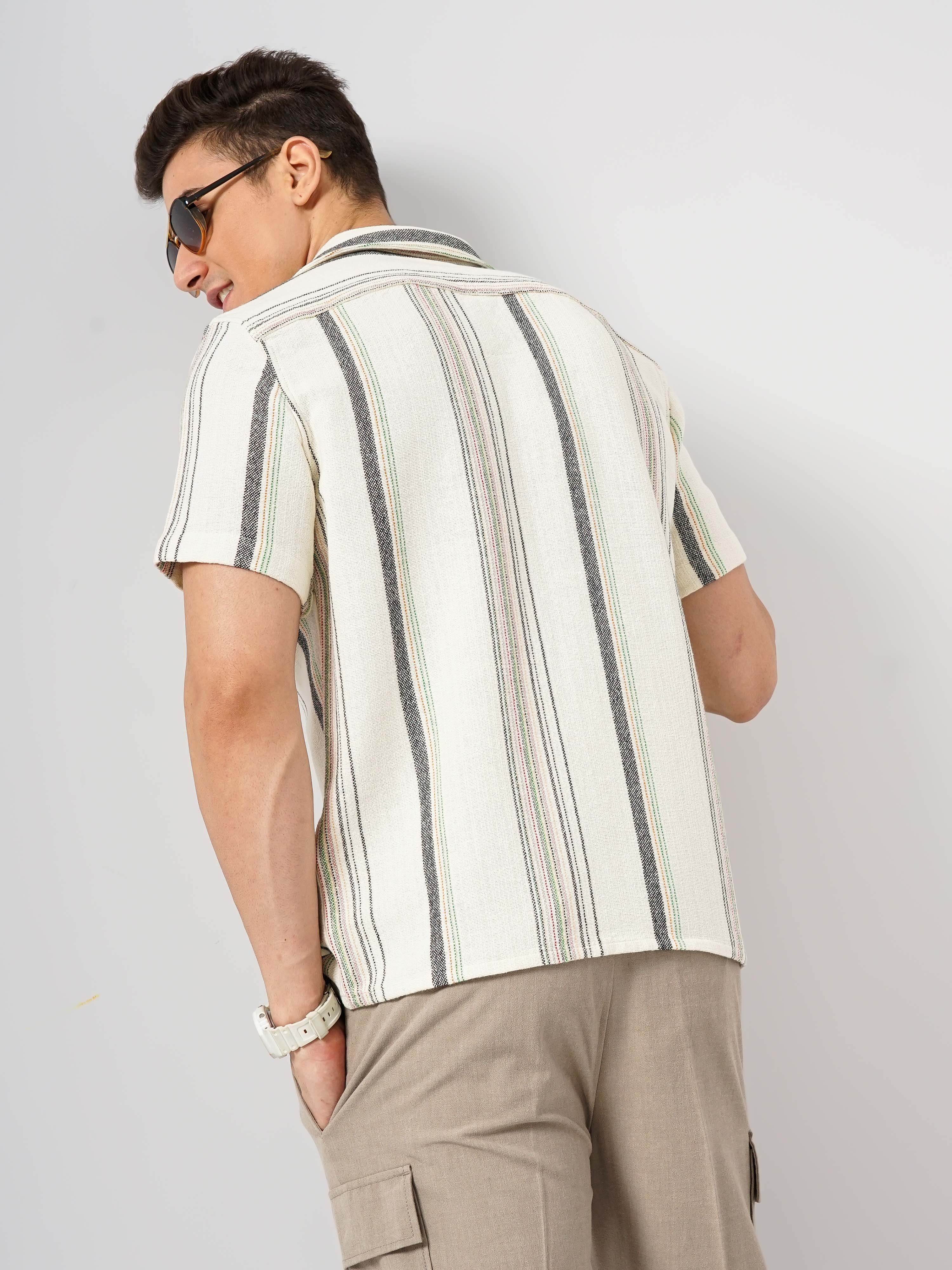 Celio Men Off White Striped Regular Fit Cotton Shirt