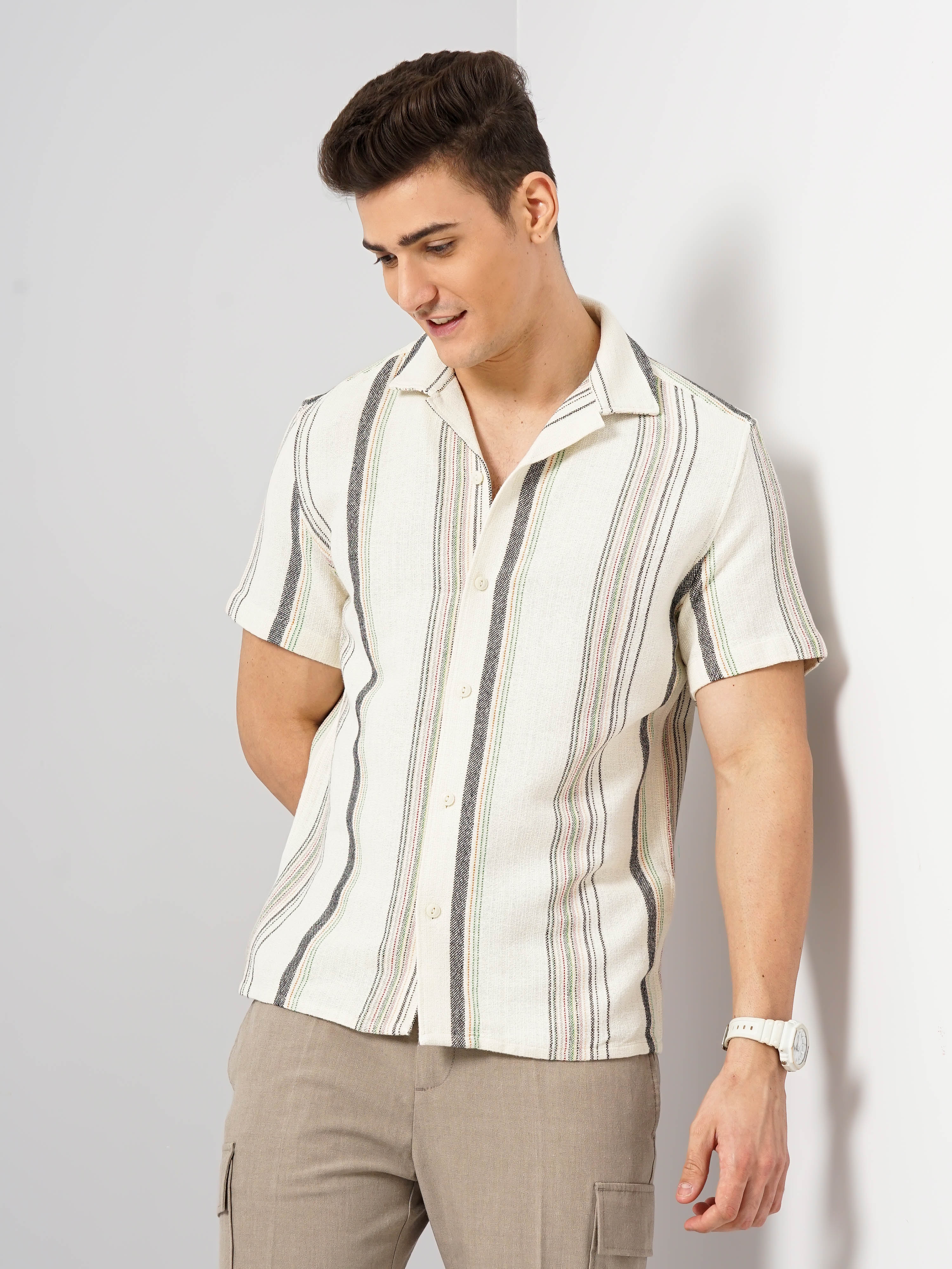 celio | Celio Men Off White Striped Regular Fit Cotton Shirt