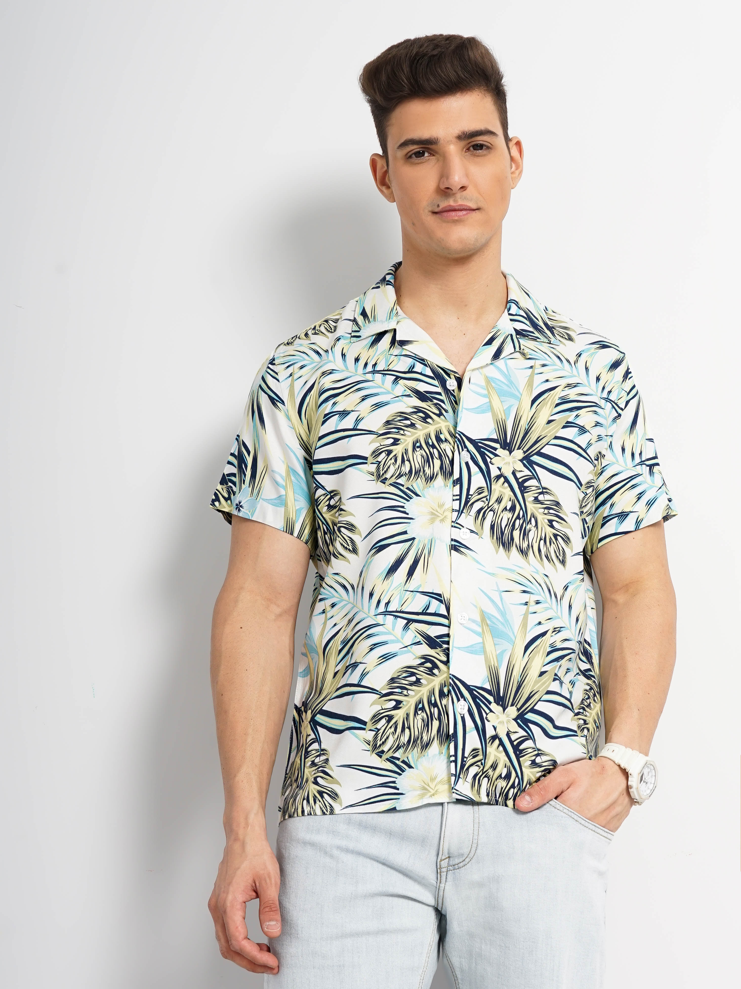 Celio Men White Printed Regular Fit Viscose Rayon Soft Touch Shirt
