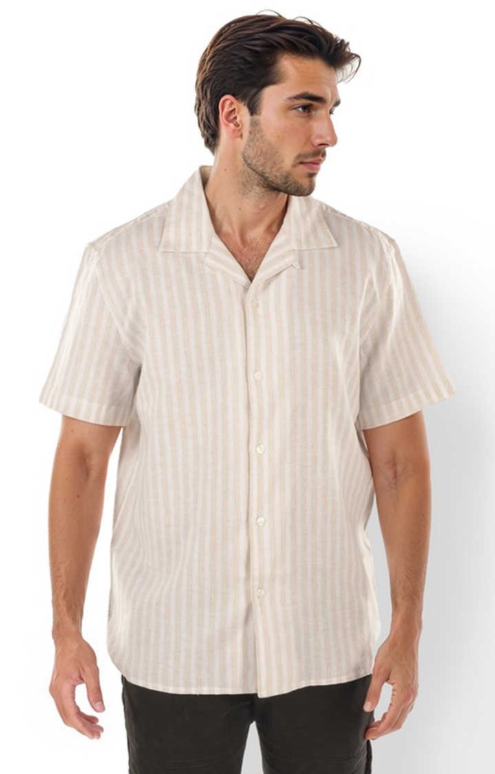 Celio Men Brown Striped Regular Fit Linen Casual Shirts