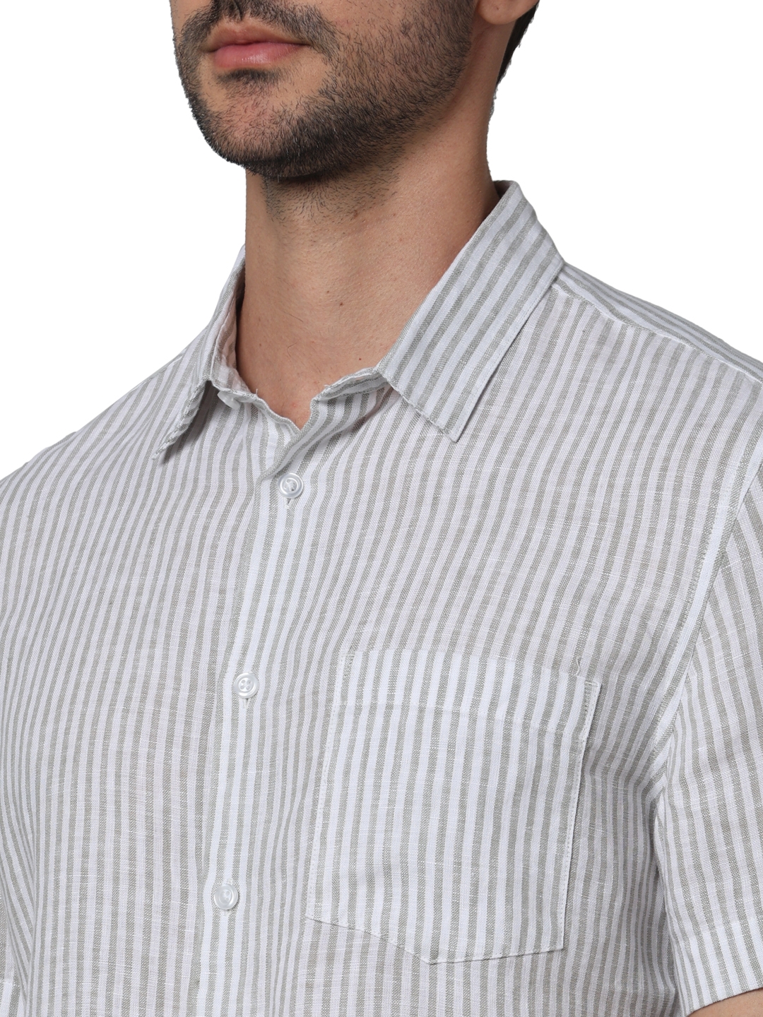 Celio Men Green Striped Regular Fit Linen Casual Shirt