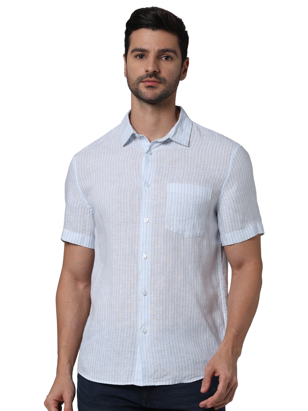 celio | Celio Men Blue Striped Regular Fit Linen Casual Shirt