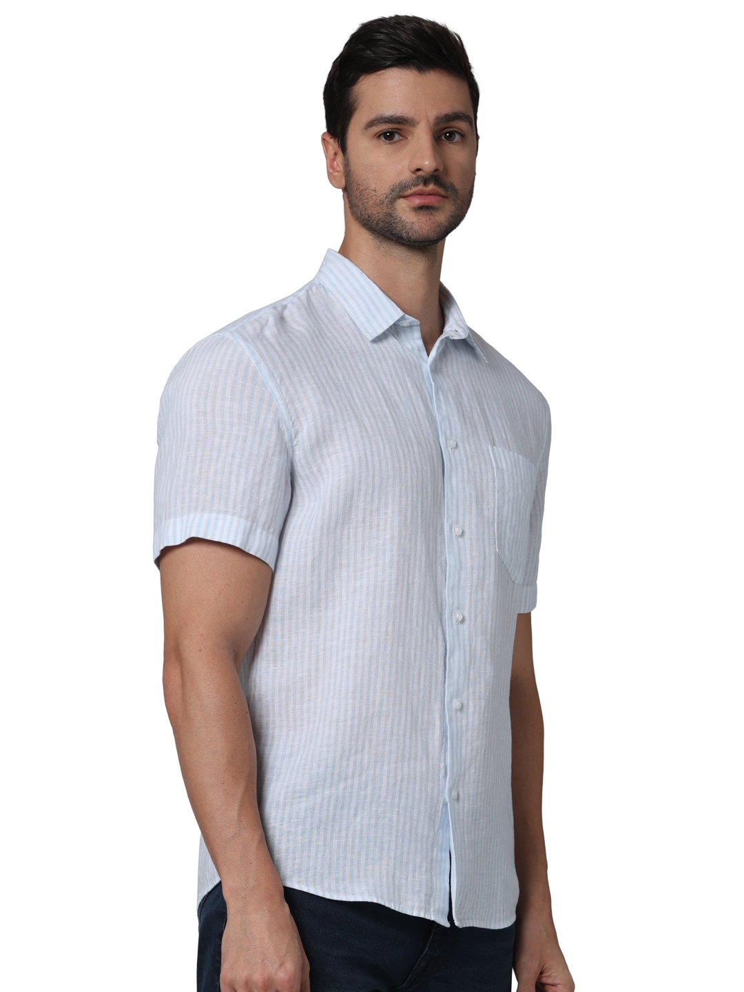 Celio Men Blue Striped Regular Fit Linen Casual Shirt