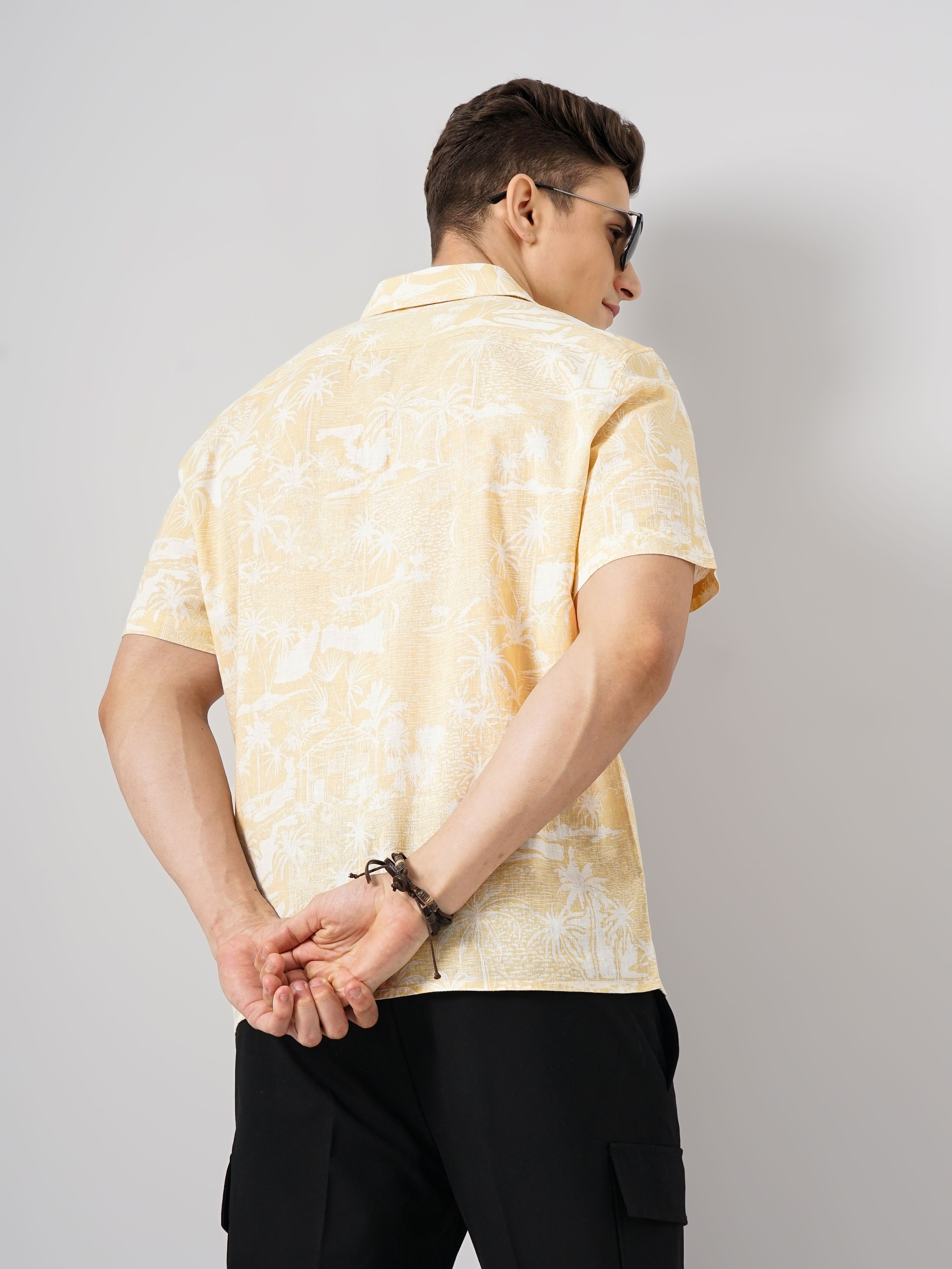Celio Men Beige Printed Regular Fit Linen Shirt