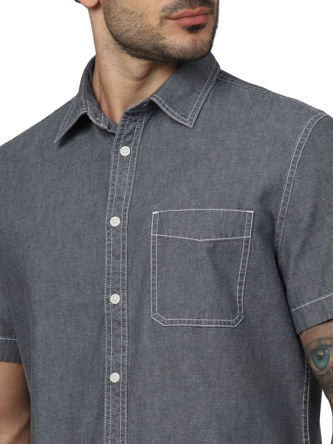 Celio Men Grey Solid Regular Fit Cotton Denim Shirts