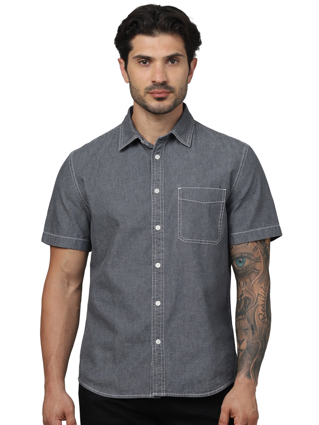 celio | Celio Men Grey Solid Regular Fit Cotton Denim Shirts