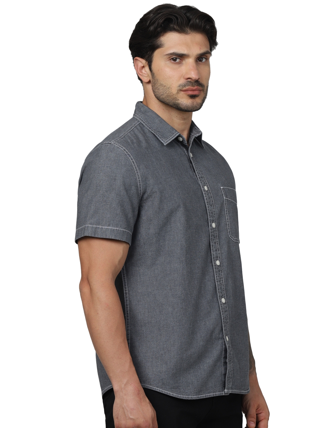 Celio Men Grey Solid Regular Fit Cotton Denim Shirts