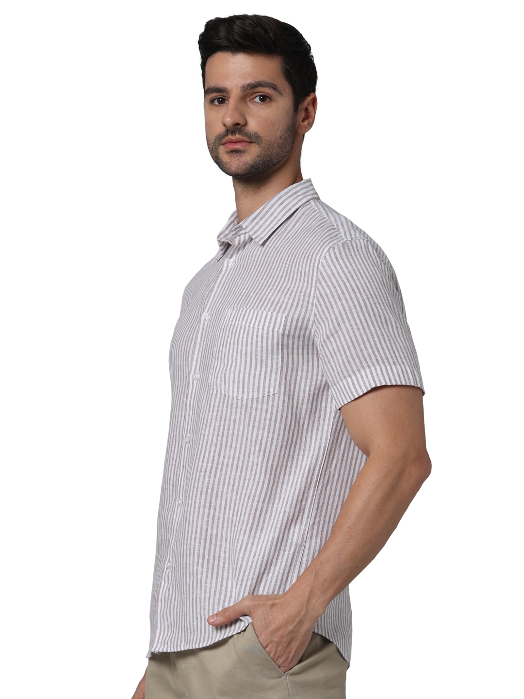 Celio Men Beige Striped Regular Fit Linen Casual Shirt