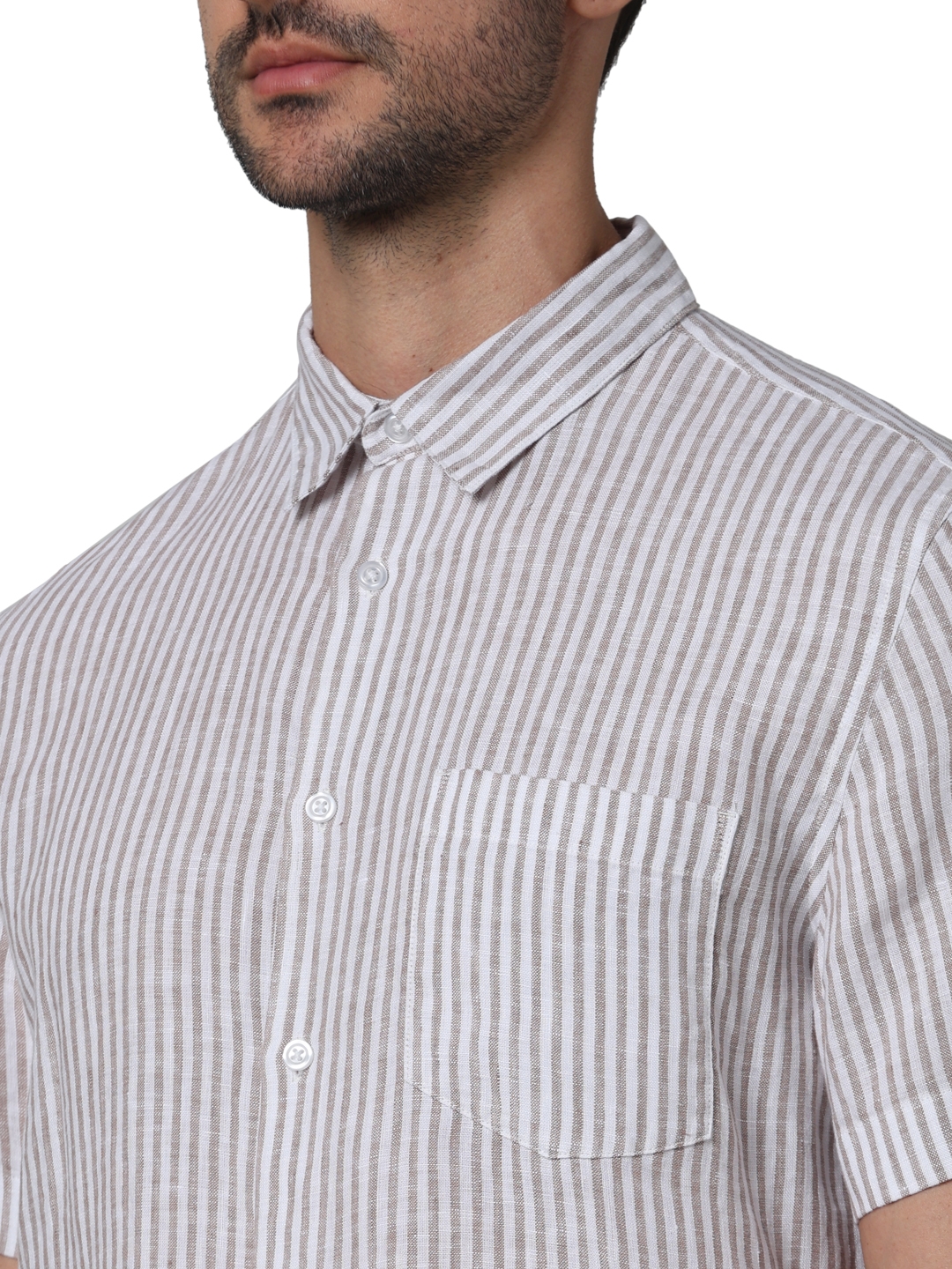 Celio Men Beige Striped Regular Fit Linen Casual Shirt