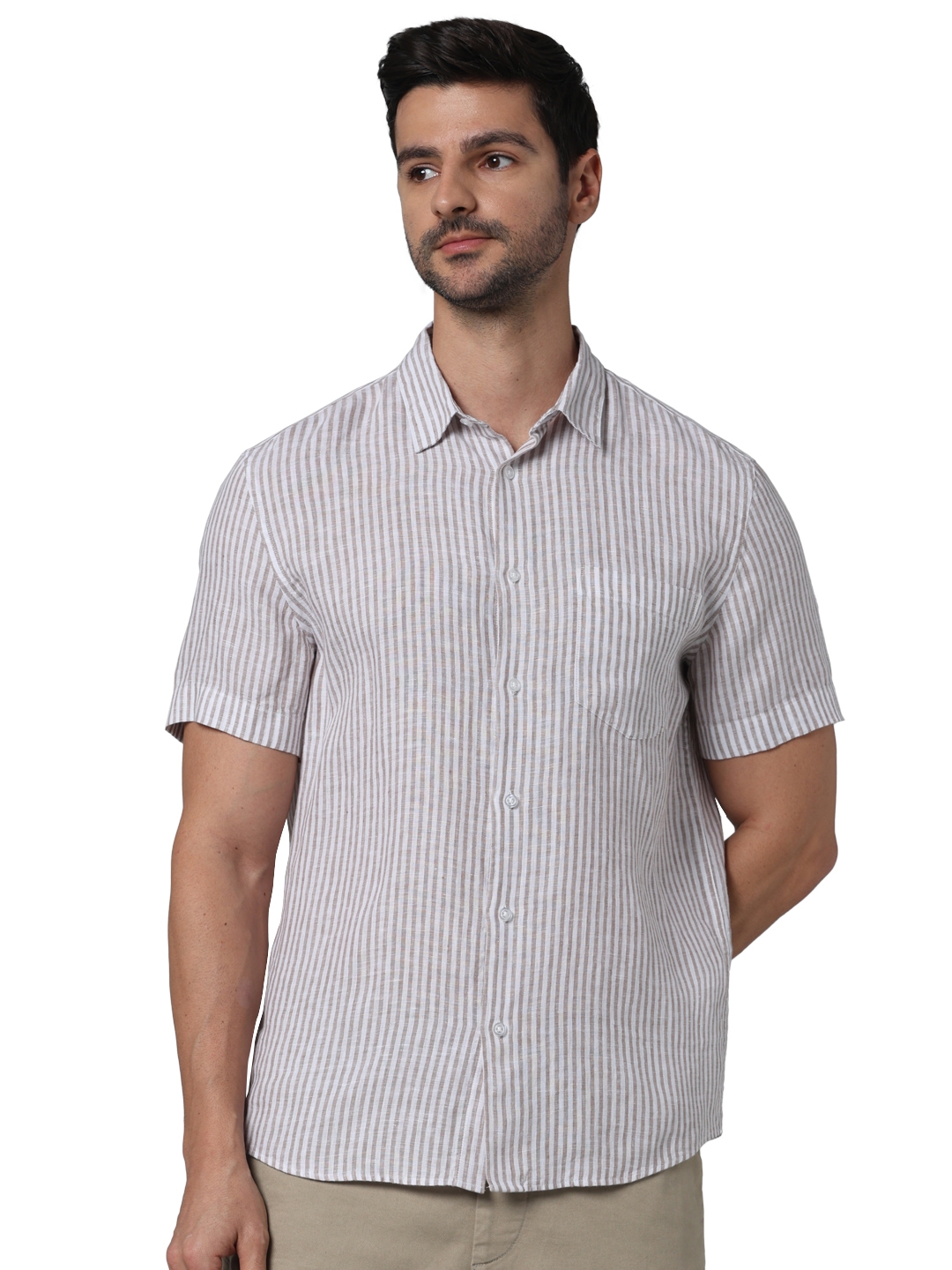 celio | Celio Men Beige Striped Regular Fit Linen Casual Shirt