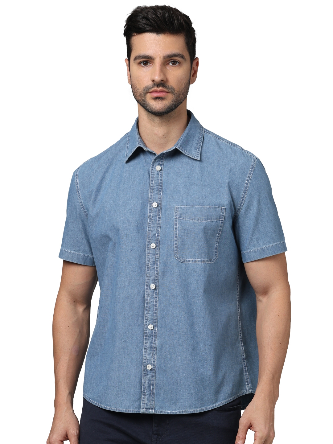 Celio Men Blue Solid Regular Fit Cotton Denim Shirts