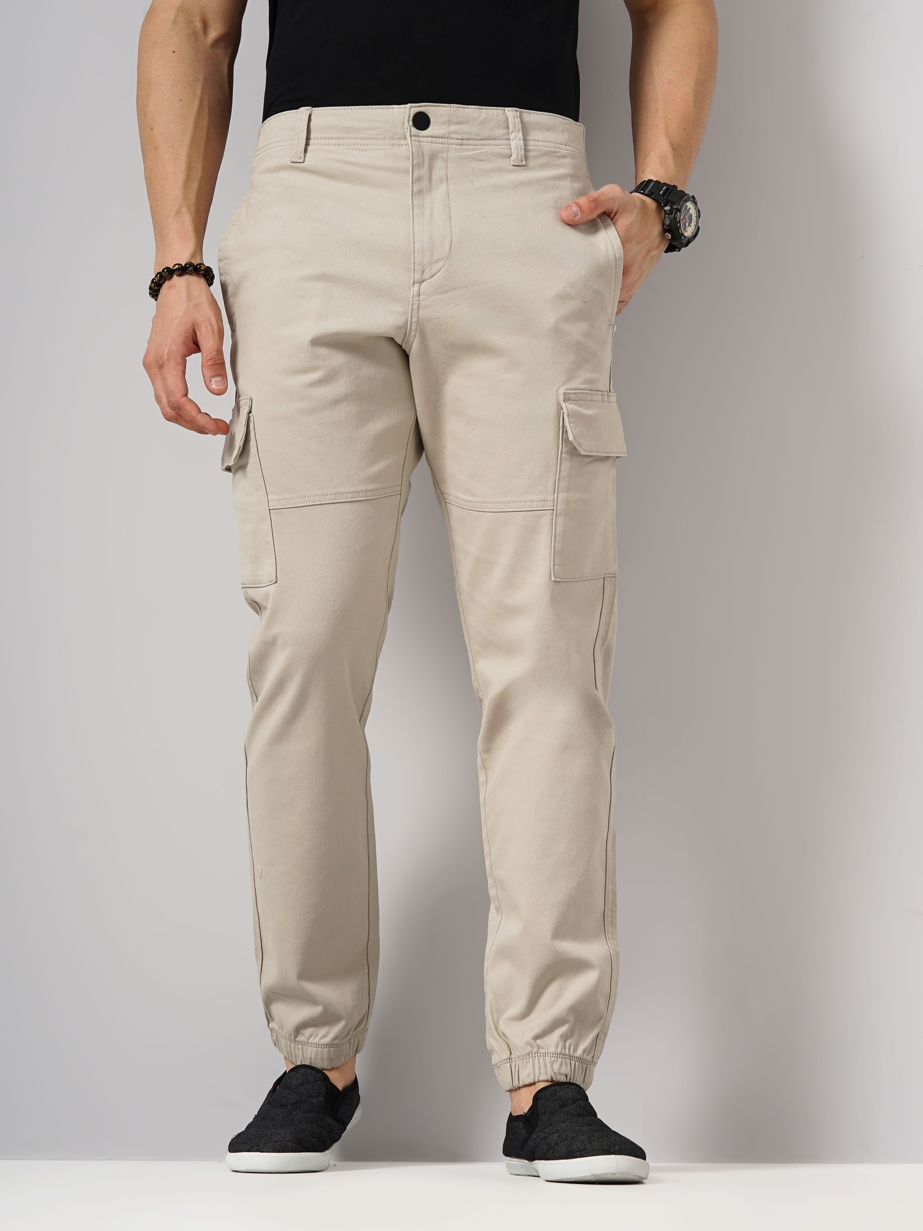 celio | Celio Men Beige Solid Slim Fit Cotton Cargo Trousers