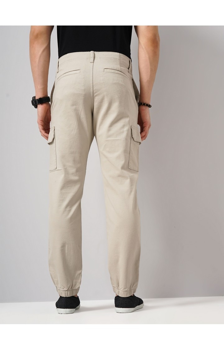 Celio Men Beige Solid Slim Fit Cotton Cargo Trousers