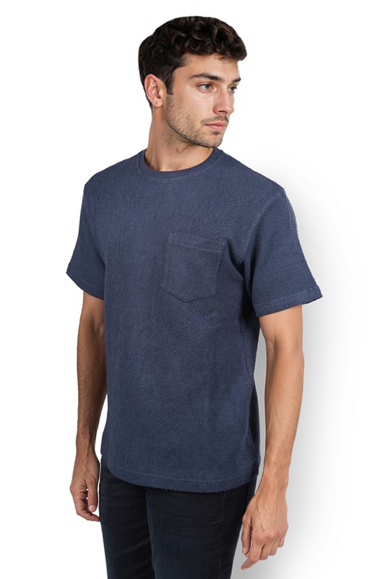 celio | Celio Men Navy Blue Solid Boxy Cotton Fashion Tshirts