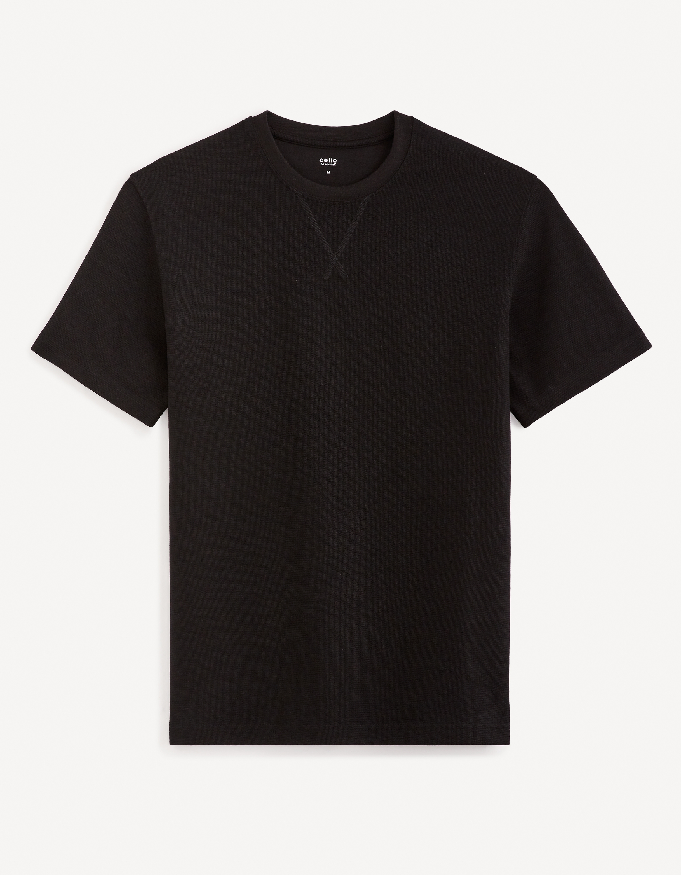 Celio Men Black Solid Boxy BLENDED Short Sleeves Tshirt
