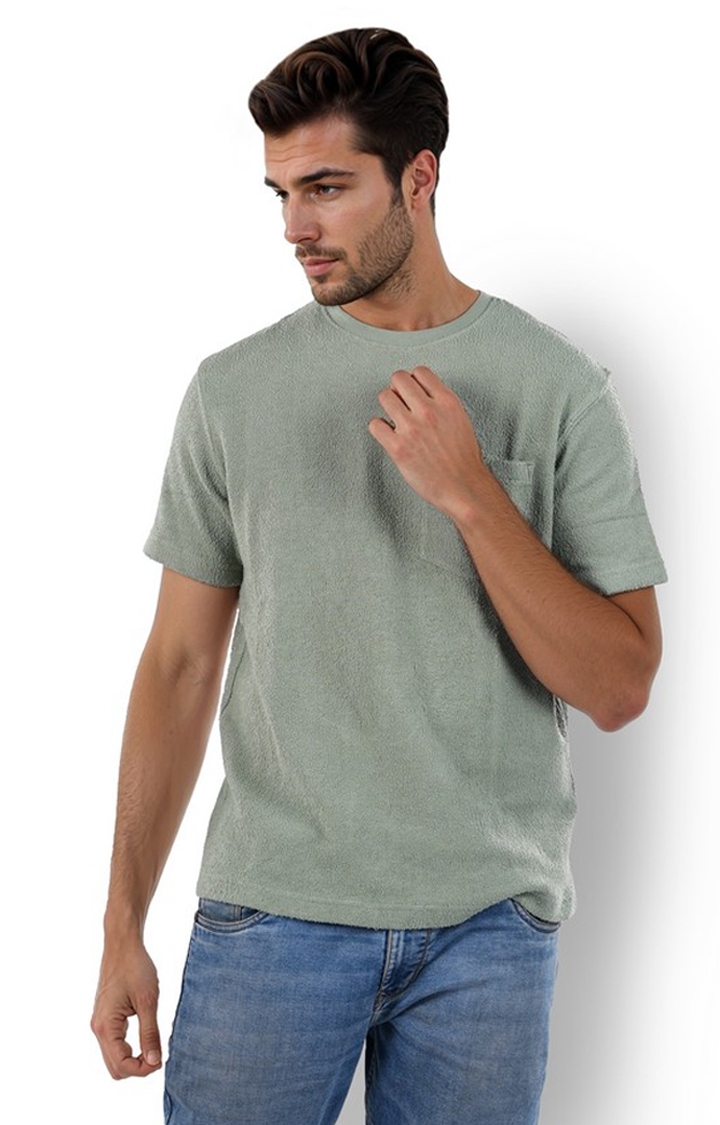 celio | Celio Men Green Solid Boxy Cotton Fashion Tshirts