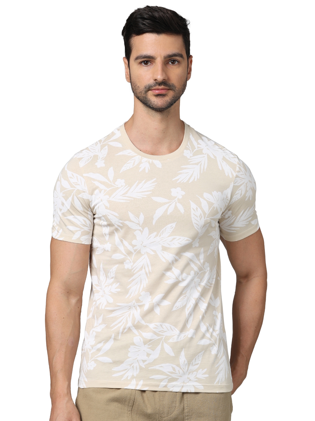 celio | Celio Men Beige Regular Fit Cotton All Over Print Tshirts