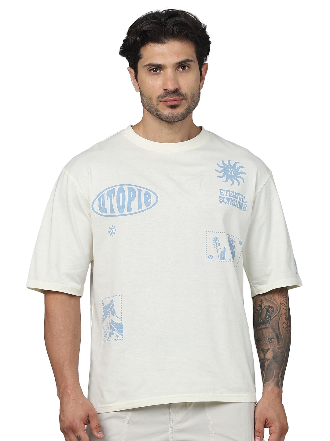 celio | Celio Men Beige Printed Regular Fit Cotton Fashion Tshirts