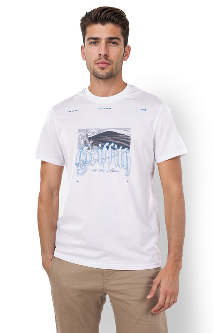 celio | Celio Men White Printed Oversized Cotton Beserk Tshirts