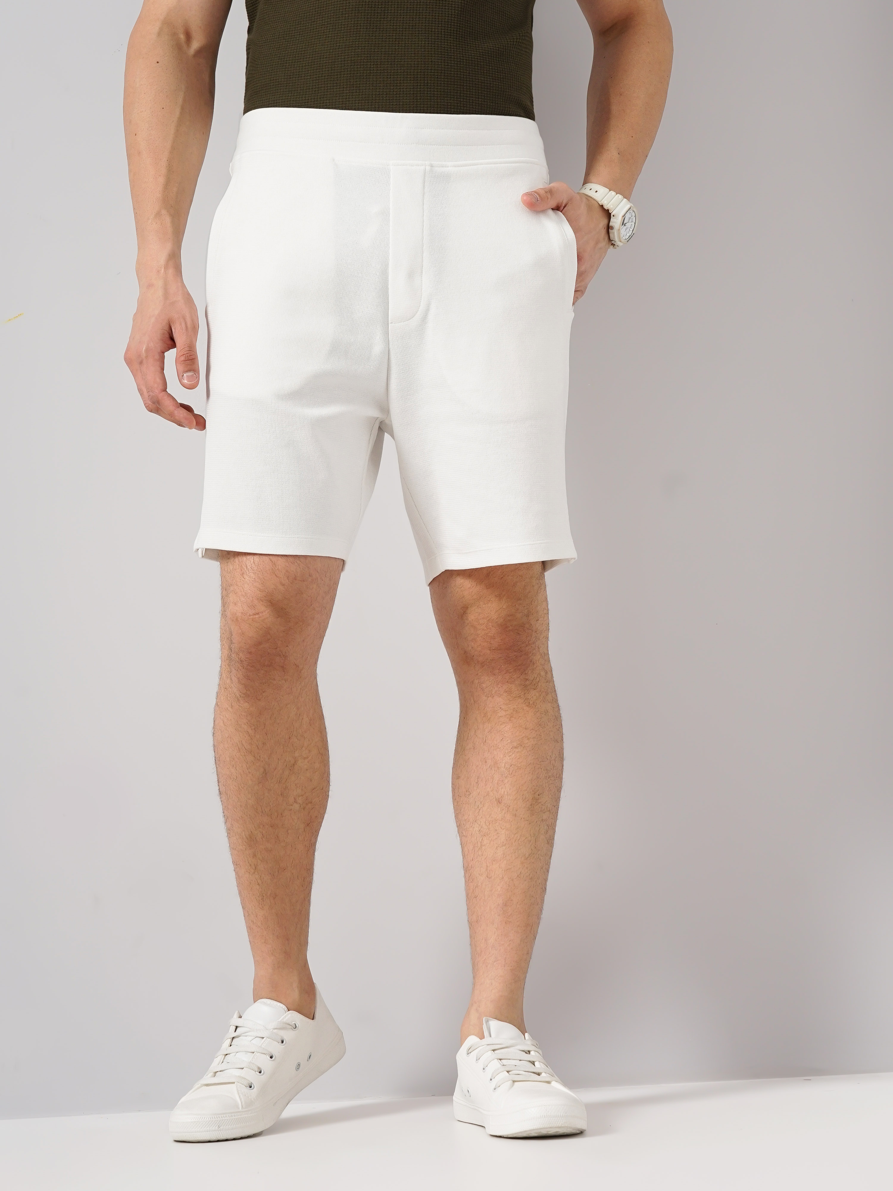 celio | Celio Men Off White Solid Regular Fit Polyester Casual Shorts