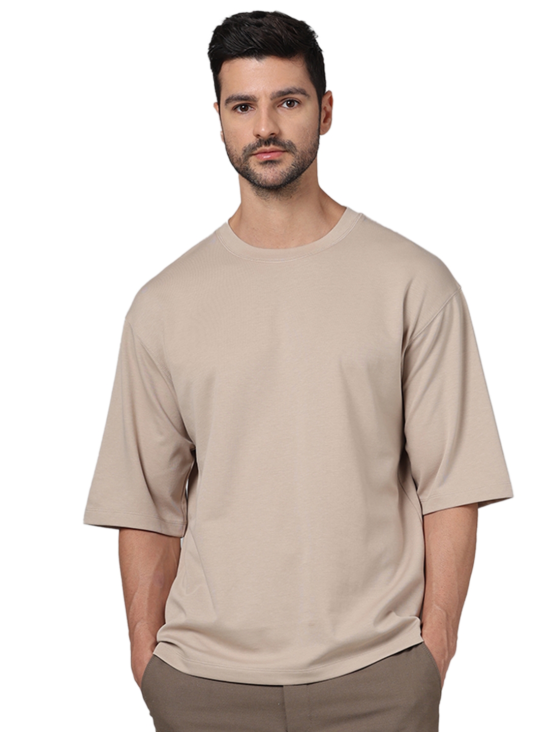 Celio Men Beige Solid Regular Fit Cotton Tshirt