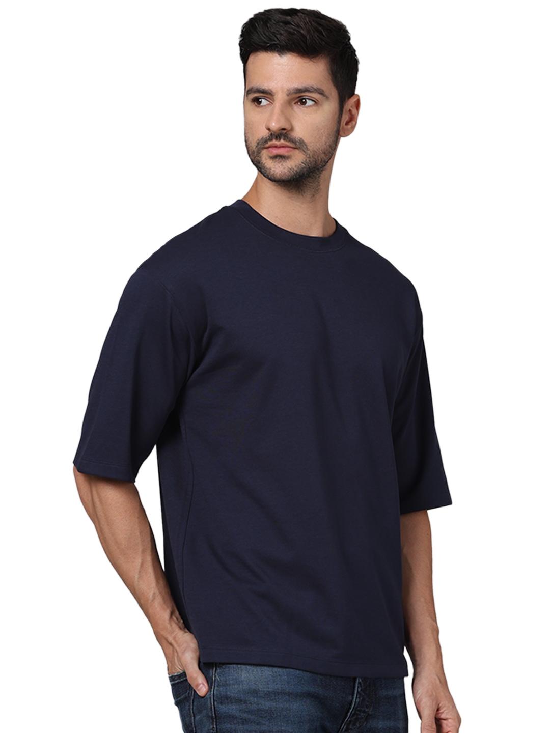 Celio Men Navy Blue Solid Regular Fit Cotton Tshirt